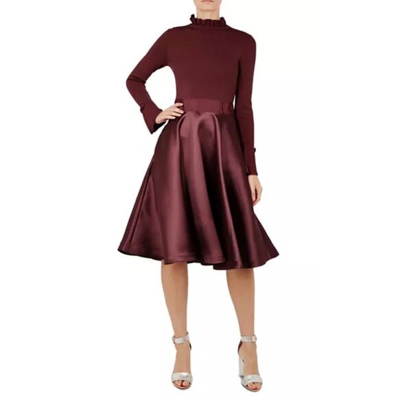 Ted Baker Zadi Dress Burgundy Fit & Flare Satin Skirt Frill Cuff Ruffle Neck - Picture 1 of 15